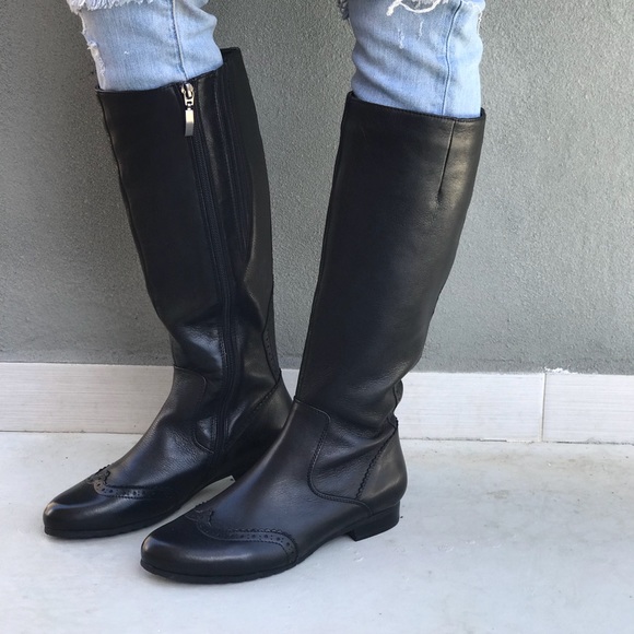Leather Wingtip Tall Knee High Engineer Flat Boots - Picture 2 of 7